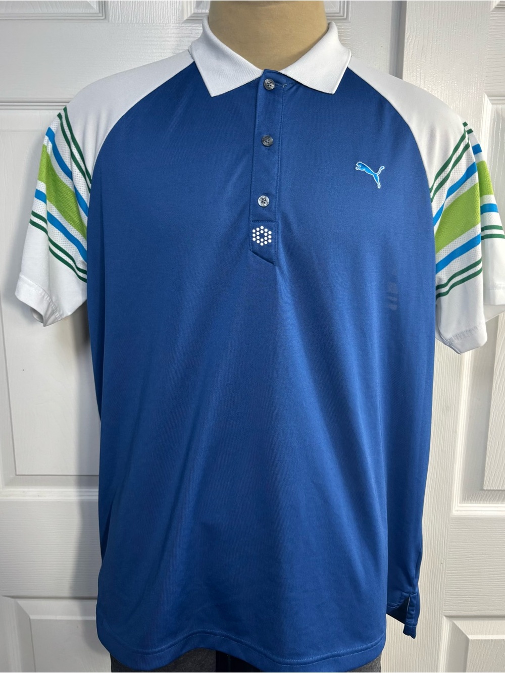 Puma Golf Dry Cell Blue White Striped Polo Shirt XL